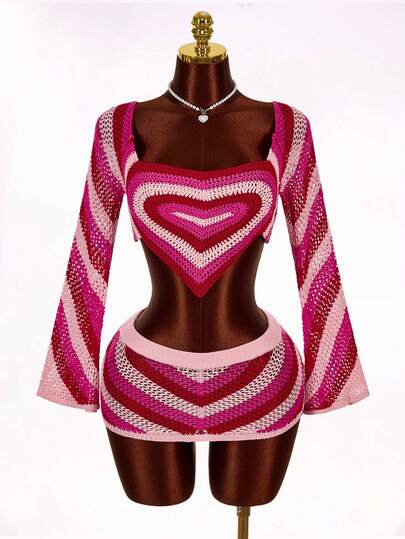 Amplova 2pcs Women Knitted Heart Design Sexy & Stylish Long Sleeve Top And Skirt Set, Suitable For Valentine's Day Date Outfit