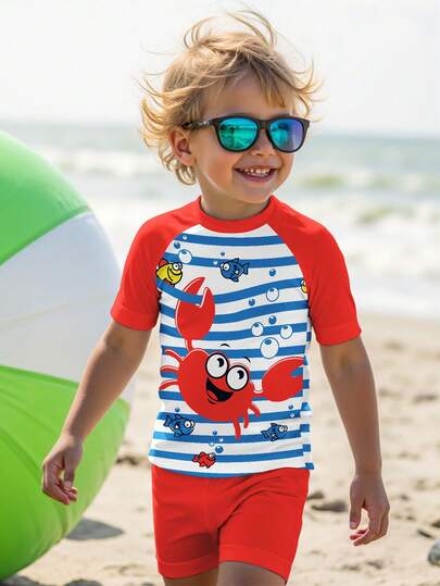 SHEIN 2pcs/Set Boys Casual Loose Round Neck Short Sleeve T-Shirt And Shorts Swimwear, Suitable For Summer, Classic Ocean Stripe Print, Cute Crab Graphic Print