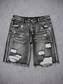 Manfinity LEGND Men's Distressed Rhinestone Embellished Pocket Loose Casual American Style Denim Shorts - Black - View 8