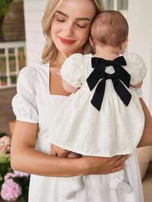 Loomiva Newborn Baby Girl Contrast Bow Round Neck Puff Sleeve Waist Tie Dress