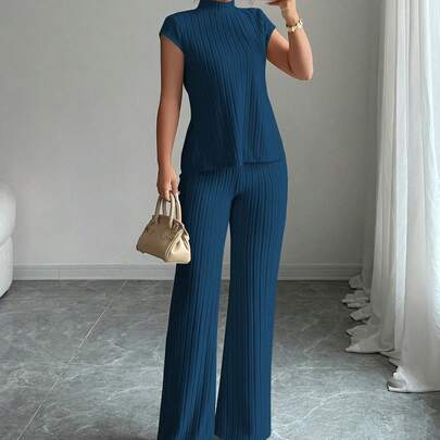 2 pezzi Set casual ed elegante: Top a maniche corte con costine e pantaloni