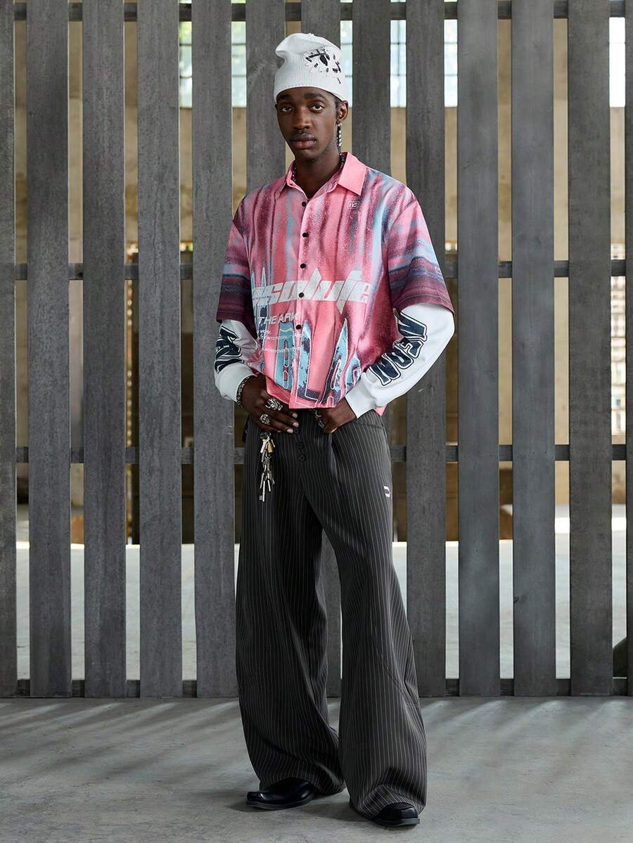 NEON BLANC Men's Casual Everyday Commute Fashion Street Striped Print Pleated Loose Wide Leg Pants - Dark Grey - View 1