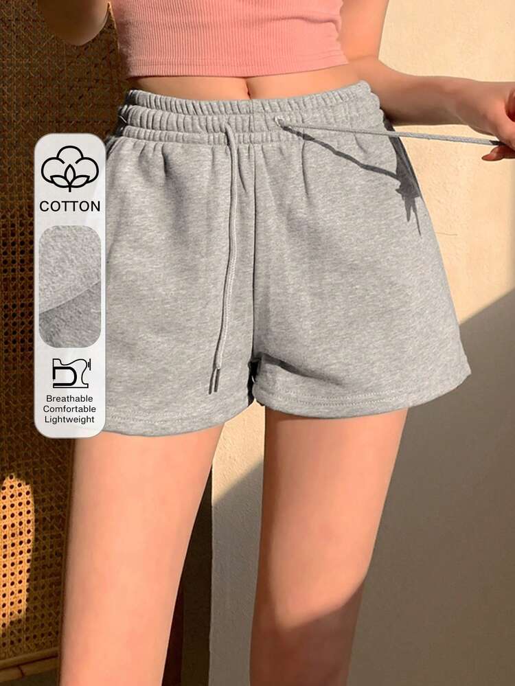 Women's Solid Color Drawstring Waist Casual Shorts, Suitable For Summer Sweater Shorts