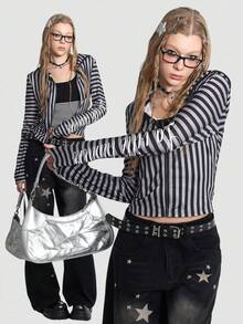 Bloopia 女士纯色简约日常常规条纹印花长袖外套 - 深灰色 - 查看 4