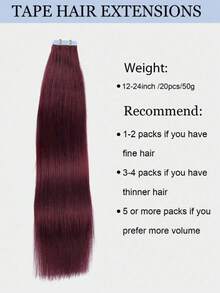 50g 20 件装 100% 真人发片接发，沙龙品质，99J 勃艮第红色，丝滑无缝隐形胶带直发接发，持久秀发，发尾浓密，万圣节服装 - S99J - 查看 5