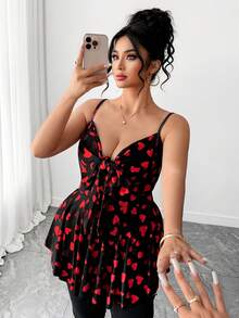 Elenzga 大码女式性感可爱爱心印花系带吊带背心，甜美海滩度假风红色爱心图案细肩带，度假V领系带吊带背心，适合情侣度假或派对，适合游泳、日光浴或海滩漫步，樱桃生日性感夏季上衣 - 黑色 - 查看 8