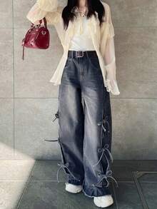 FRIFUL Women's Side Tie Drawstring Bow Design Straight Leg Jeans, Casual Loose Fit Versatile Denim Pants - Grey - View 6