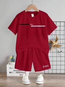 2pcs Boys Casual Minimalist Classic Striped & King Graphic Print Short Sleeve T-Shirt And Shorts Set, Suitable For Summer