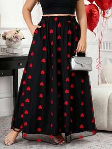 SHEIN Clasi 大码女式全身爱心刺绣网纱斜插口袋休闲情人节长裙 - 黑色 - 查看 8