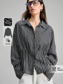 Ontre Women's Black And White Checkered Autumn Chic Office Long Sleeve Woven Shirt,Mandarin Collar Button Pleated Waist-Cinched Striped Minimalist Blouse - Black - View 1