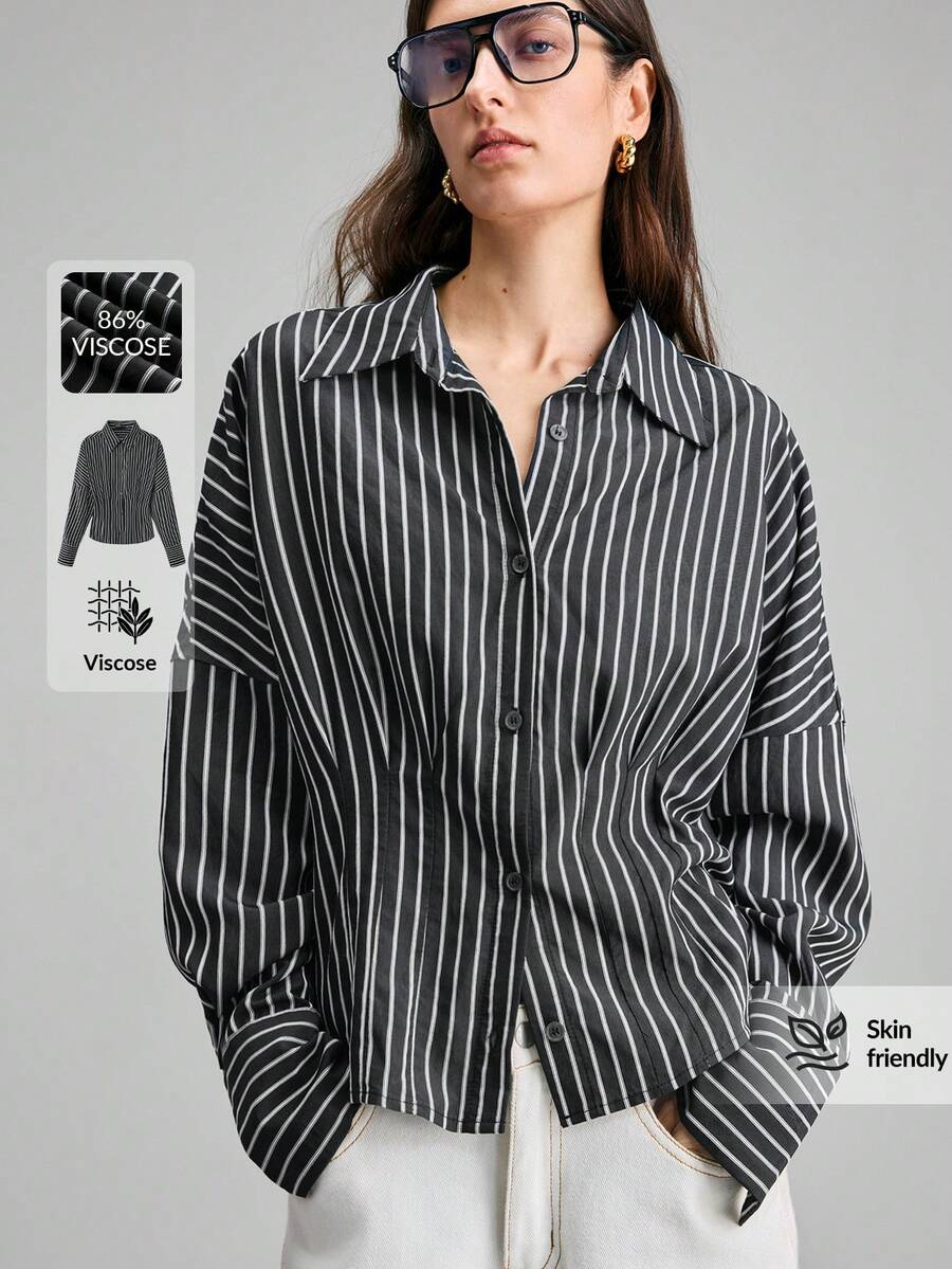 Ontre Women's Black And White Checkered Autumn Chic Office Long Sleeve Woven Shirt,Mandarin Collar Button Pleated Waist-Cinched Striped Minimalist Blouse - Black - View 1