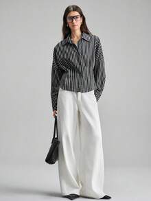 Ontre Women's Black And White Checkered Autumn Chic Office Long Sleeve Woven Shirt,Mandarin Collar Button Pleated Waist-Cinched Striped Minimalist Blouse - Black - View 8