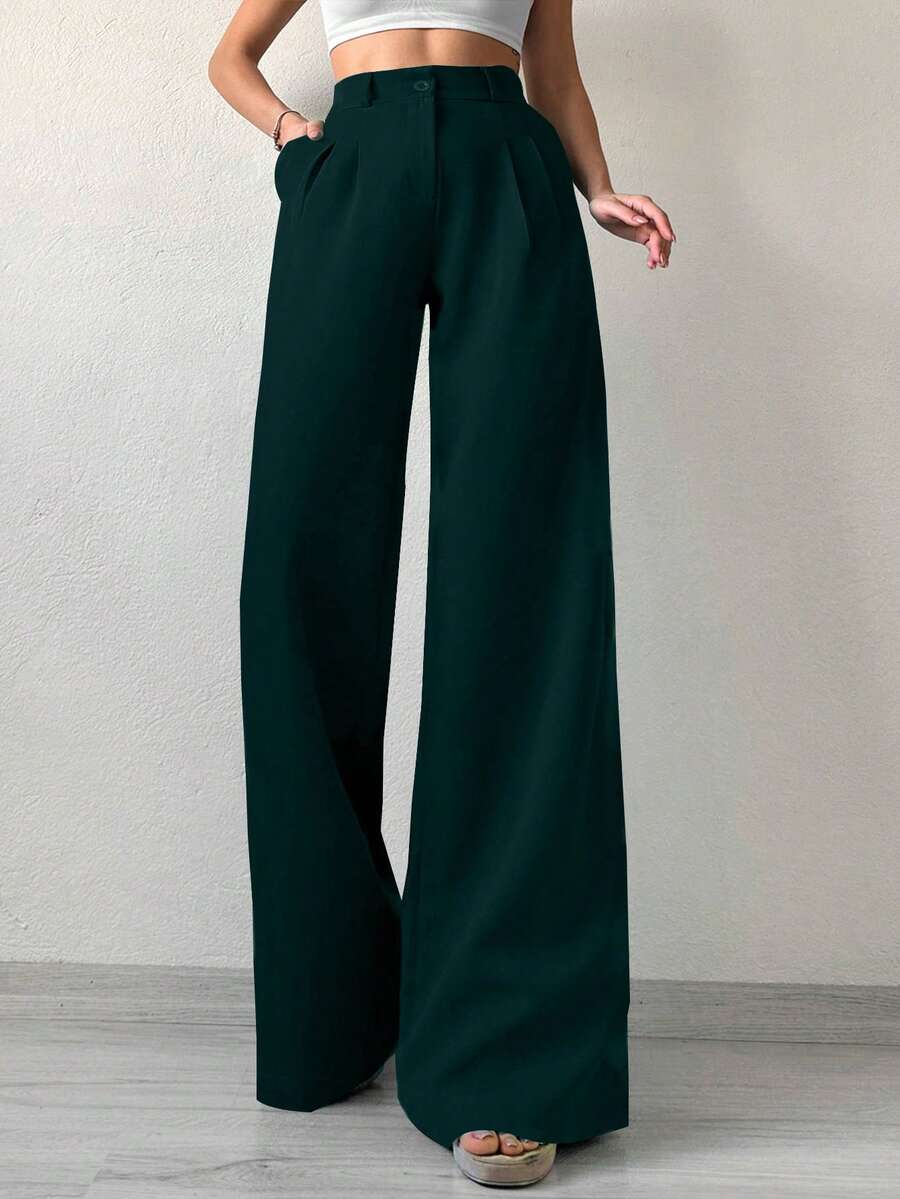 SHEIN 女款純色寬腿西裝長褲,適合高個女性 - 墨綠色 - 查看 1