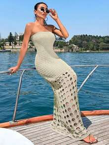 EURMUSE Women's Strapless Waist Cinched Ombre Hollow Out Cover Up Dress - Cream - View 1