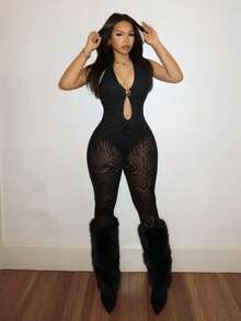 Slaydiva Women's Black Lace See-Through Jumpsuit, Street Style, Nightclub, Valentine's Day, Y2K, Y3K., Birthday, Bar. - Black - View 4