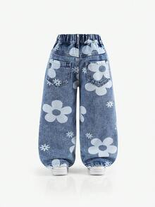 Genkimix Kids 女童休闲牛仔裤，春秋/秋冬款，浅蓝色牛仔布，花卉印花，做旧破洞设计，宽松直筒裤型，面料柔软舒适，适合上学、通勤、日常穿着。 - 淺色水洗藍 - 查看 2