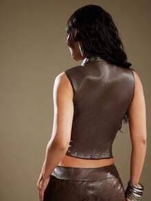 Denimoi Áo kiểu giả da buộc dây phía trước, áo gợi cảm, áo dự tiệc GNO, áo đi concert, trang phục lễ hội. - màu nâu - Xem 4