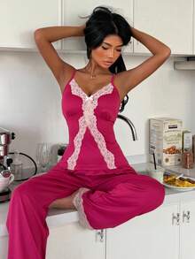 ZzzCrew 2pcs Women's Sleepwear Set: Contrast Lace Patchwork Slim Fit Camisole And Pants - Hot Pink - View 5