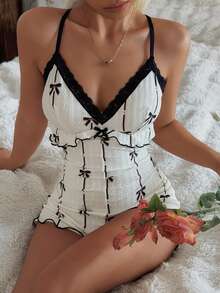 CottageSlumber Women's Lace Trim Camisole Jumpsuit With U-Shaped Open Back, Bow Decor, Jacquard Knit Slim Fit Sleepwear - White - View 2