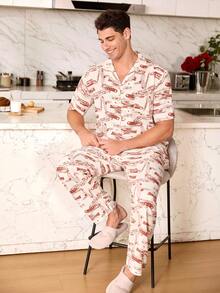 SHEIN Conjunto de pijama para hombre con estampado de burbujas en el cuello de solapa - Multicolor - Ver 7