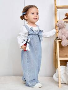 SHEIN Baby Mädchen 3D Schleife Dekor Blaue Jeans Locker Jumpsuit Hose - Helle Waschung - Übersicht 4