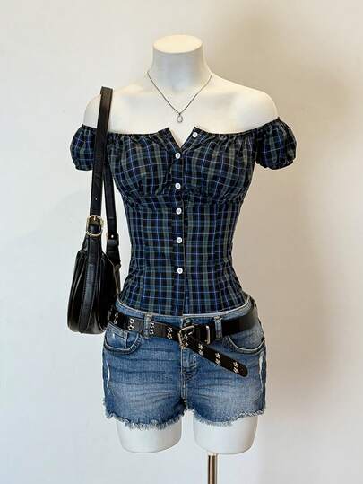 EgrlEra Camisa casual de mujer con hombros descubiertos a cuadros, cintura ceñida, primavera/verano