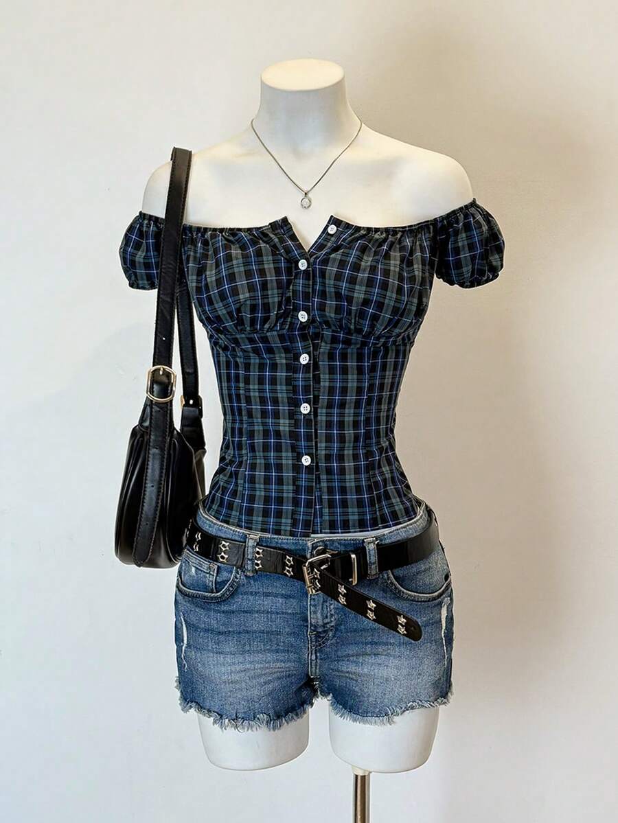 Jeanoix 女士休闲露肩格纹衬衫，收腰设计，春夏款 - 藏蓝色 - 查看 1