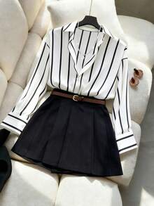 Franclia 2026 New Women's Casual Commuter High-End Feeling Collared Shirt & Pleated Skirt Pants Set, Office Commute Airport Fashion Outfit, 2-Piece - Black - View 5