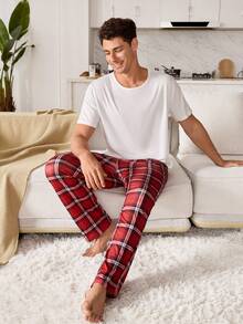 CoupledUp Plaid Print & Solid Color Short Sleeve Pajama Set For Men Plaid Pajamas Men - Multicolor - View 7