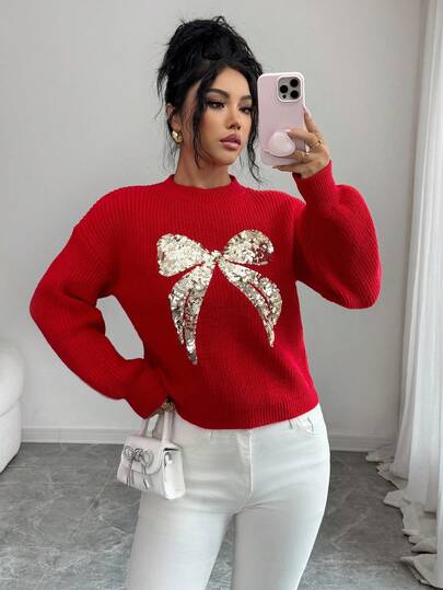 SHEIN PETITE Women's Sequin Bow Crew Neck Festive Red Sweater