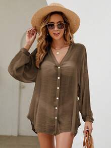 Swim Lushoire 女士夏季海灘V領長袖純色休閒和服 - 咖啡棕 - 查看 4