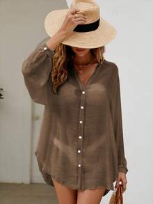 Swim Lushoire 女士夏季海灘V領長袖純色休閒和服 - 咖啡棕 - 查看 7