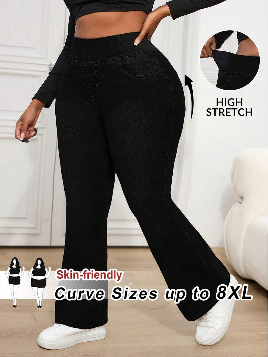 SHEIN CURVE+ Jeans évasés à taille haute polyvalents et décontractés pour grandes tailles - Bleu azur - Voir 1