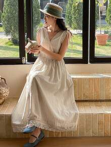 FRIFUL Women's Summer Casual Vacation V-Neck Contrast Lace Tie Shoulder Waist Cinched Dress - Beige - View 6