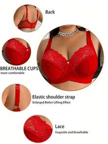 DesireSculpt 1pc Plus Size Lace Patchwork Wireless Bra - Red - View 3