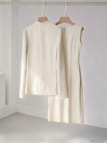 Franclia Conjunto de 2 piezas para mujer talla grande, blanco, otoño, elegante, traje casual de negocios para invitada de boda, vestido mini sin mangas con cuello redondo y cuentas & chaqueta blazer, albaricoque - Albaricoque - Ver 2