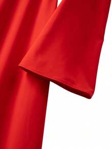 SHEIN Franclia Đầm đỏ Franclia - Đầm chữ A tay xòe thanh lịch với cúc cài trang trí, thắt eo, phù hợp cho đi làm, công sở, hẹn hò lãng mạn kiểu Pháp, dự tiệc, Giáng sinh, tay dài. - Đỏ - Xem 3