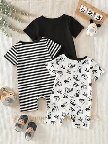 SHEIN 3件套幼儿男童可爱印花+条纹+纯色柔软舒适连体衣套装，适合居家、户外运动、派对等场合。 - 黑與白 - 查看 2