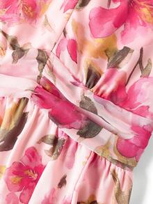 Ellevyn Women's Elegant Floral Print V-Neck Puff Sleeve Ruched Waist Vacation Dress - Baby Pink - View 4