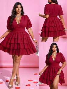 Viva Relle 大码女士优雅纯色V领泡泡袖荷叶边下摆休闲连衣裙，适合度假、海滩、约会、派对、音乐节、春夏穿着，百搭设计 - 酒紅色 - 查看 1