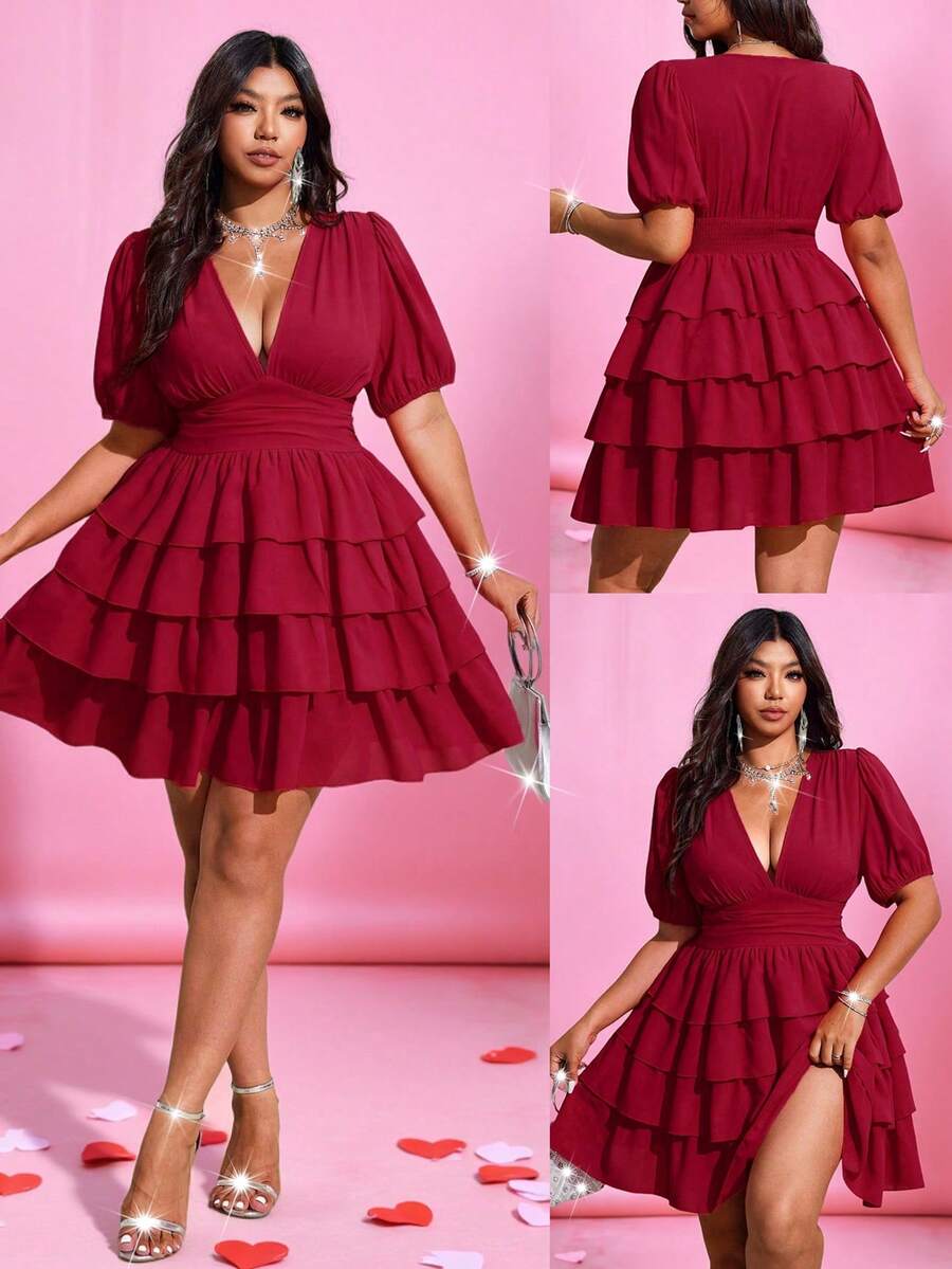 Viva Relle 大码女士优雅纯色V领泡泡袖荷叶边下摆休闲连衣裙，适合度假、海滩、约会、派对、音乐节、春夏穿着，百搭设计 - 酒紅色 - 查看 1