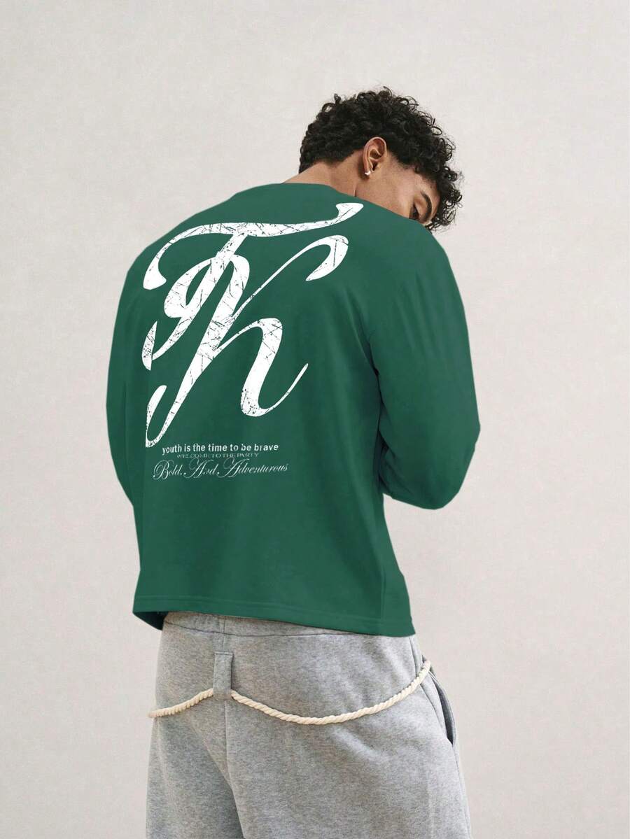 TOKVUE 男士舒适休闲字母图案圆领短袖T恤，夏季 - 綠色 - 查看 1