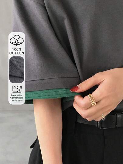 FRIFUL Women's Casual Loose Fit Colorblock Round Neck Short Sleeve T-Shirt, Versatile For Spring & Summer