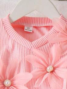 Elladie kids 2 Stück/Set Mädchen (klein) Geripptes Langarm V-Ausschnitt T-Shirt mit 3D Perlenblume & Hose Set, elegante Mode für den frühen Herbst Kinderoutfit - Pink - Übersicht 4