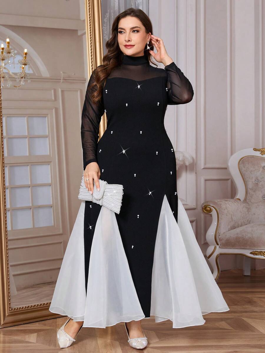 Reflora 大码优雅简约珍珠装饰长袖连衣裙