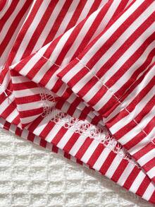 Genkimix Kids 2件套女童（小号）红白条纹无袖纽扣上衣配蝴蝶结和直筒裤，时尚休闲夏季少女套装 - 紅色 - 查看 4