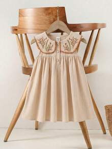 Babygirl Cute Loose Floral Pattern Coffee Color Peter Pan Collar Dress,Kids - Multicolor - View 2