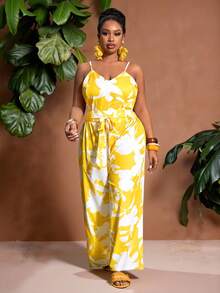 Slaydiva Spring/Summer New Music Festival, Easter, St. Patrick's Day, Western, Nomadic, Birthday Party, Casual, Vacation, Cruise Travel, Airport Floral Print Holiday Camisole Top And Wide Leg Pants Plus Size Women 2-Piece Set - Yellow - Yellow - View 6