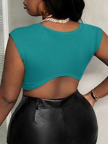 Slaydiva Camiseta sin mangas ajustada con estampado de letras y rasgada con nudo para mujer de talla grande Slayr - verde menta - View 3