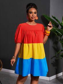 Slaydiva 春夏新品，适合音乐节、复活节、圣帕特里克节、西部风、游牧风、生日派对、毕业典礼、学生装、日常休闲、百搭基础款、休闲度假、邮轮旅行、海滩、日光浴、爆款大码、度假休闲风、纯色条纹拼接、荷叶边下摆宽松短袖A字迷你连衣裙，多色可选 - 彩色 - 查看 13